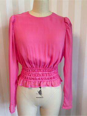 Express Smocked Waist Long Sleeve Blouse - Hot Pink